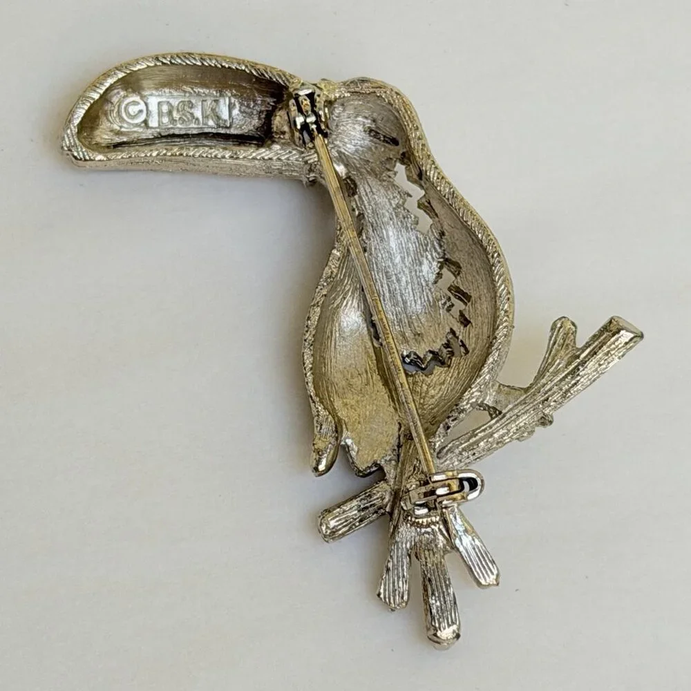 Vintage BSK Crested Toucan Bird Brooch Pin Rhinestone Eye Silver Tone Gift
